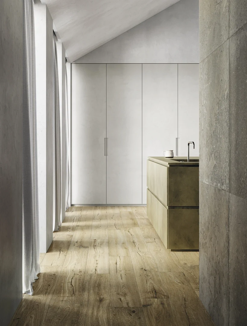 Gres Ascot SIGNATURE STONE efekt kamień - aranzacja w strefie dziennej z duzymi przeszkleniami