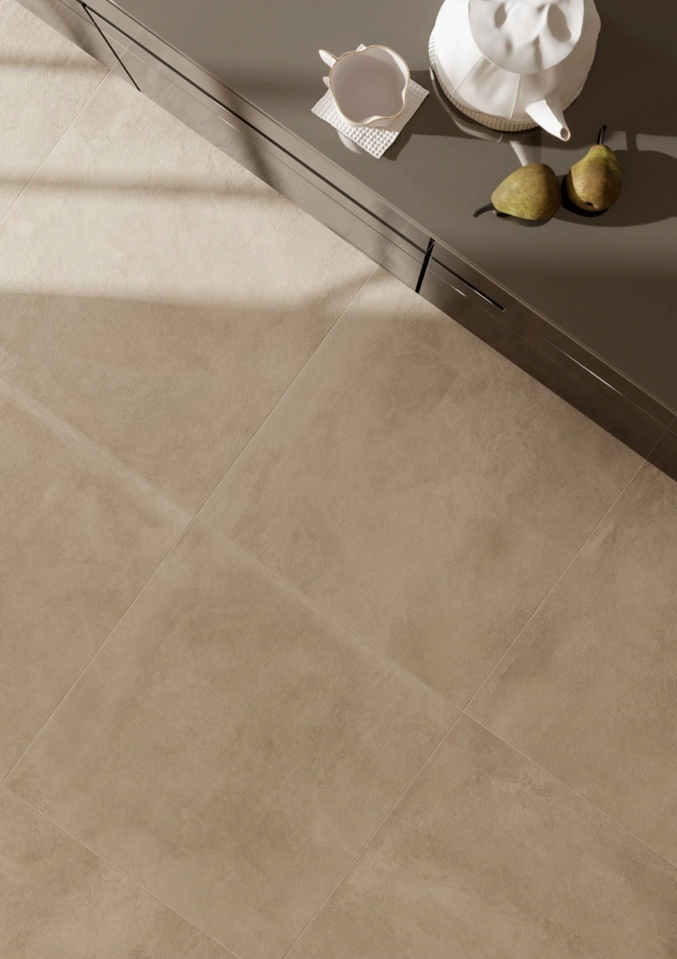 Gres Ascot CITY efekt beton - aranzacja w przy kominku