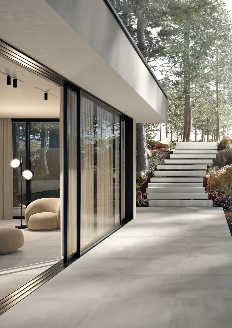 Gres Ascot GARDEN20 efekt kamień, beton - aranzacja w nowoczesnym salonie
