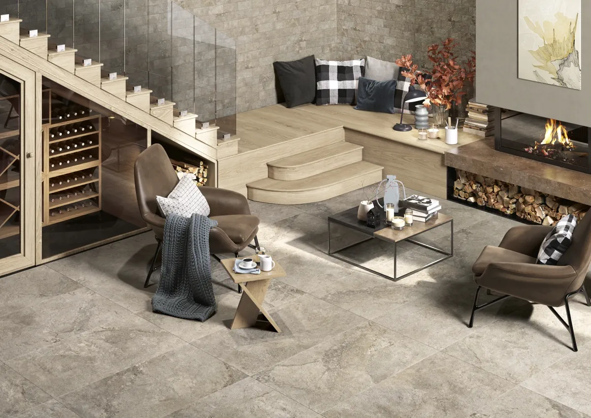 Gres Ascot STONE VALLEY efekt kamień - aranzacja w przy kominku