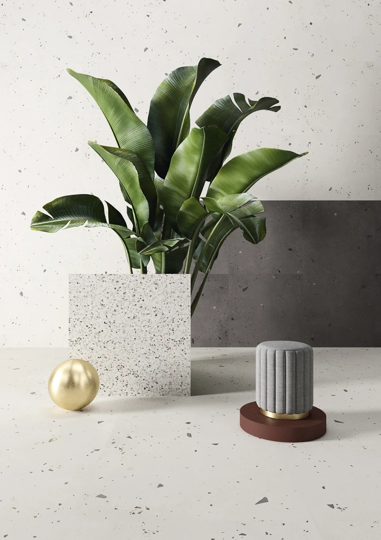 Gres Ascot KADO efekt beton, terrazzo - aranzacja w przestronnym holu