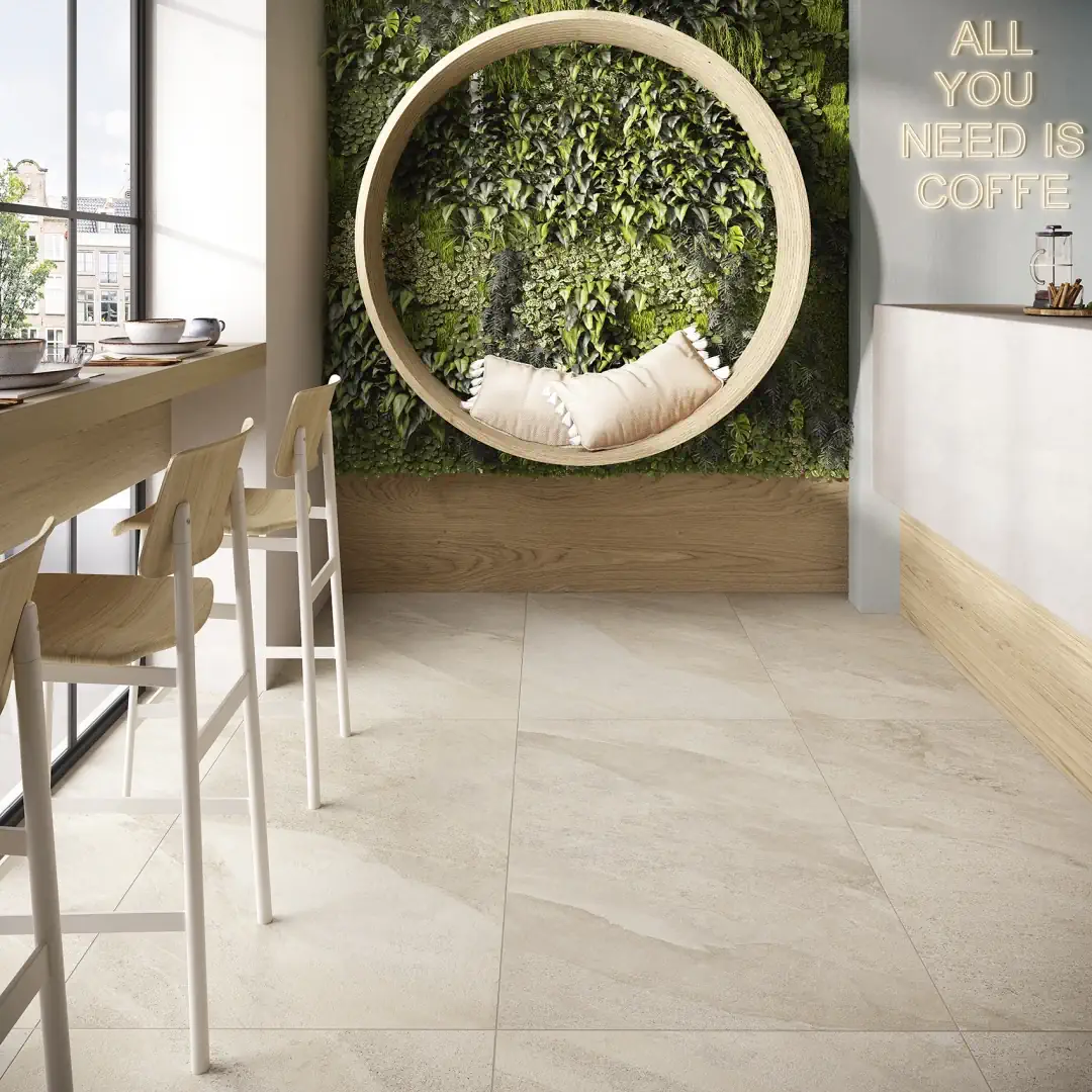 Gres Ascot LIMEQUARTZ efekt kamień - aranzacja w przestronnym holu