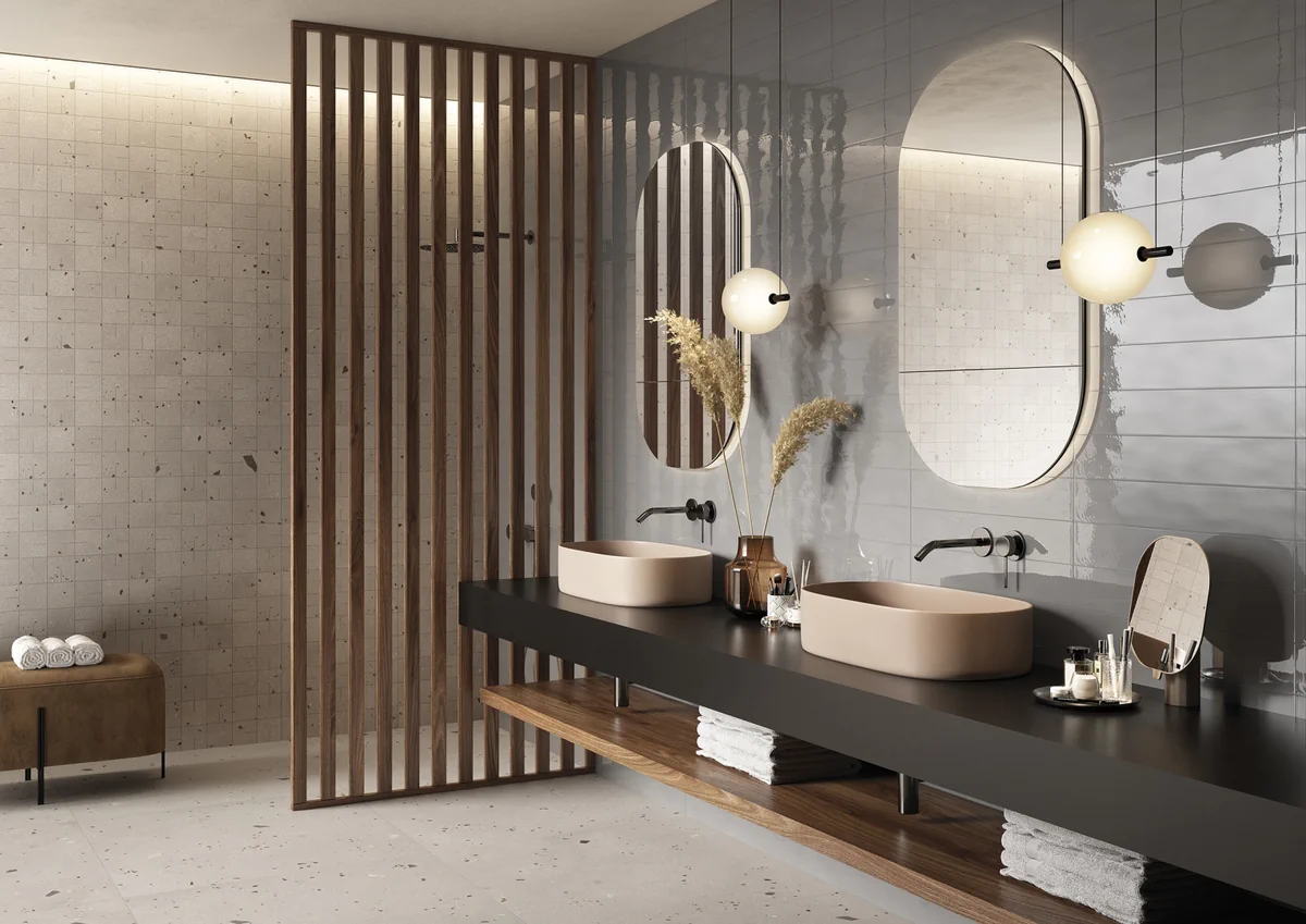 Gres Ascot KADO efekt beton, terrazzo - aranzacja w korytarzu z naturalnym swiatlem
