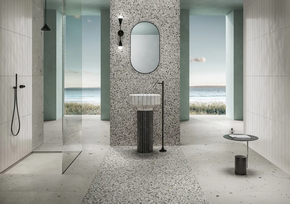 Gres Ascot KADO efekt beton, terrazzo - aranzacja w przy kominku