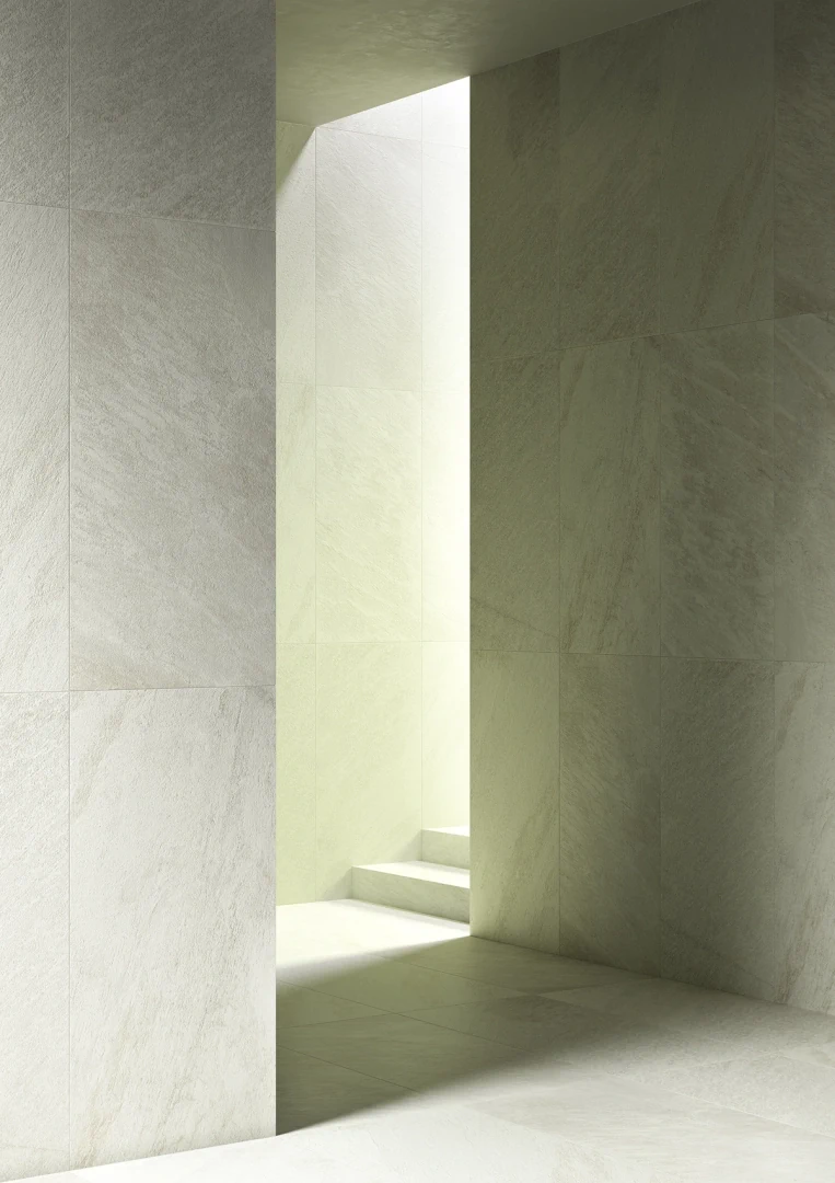 Gres Ascot STONE QUARTZ efekt kamień - aranzacja w strefie dziennej z duzymi przeszkleniami