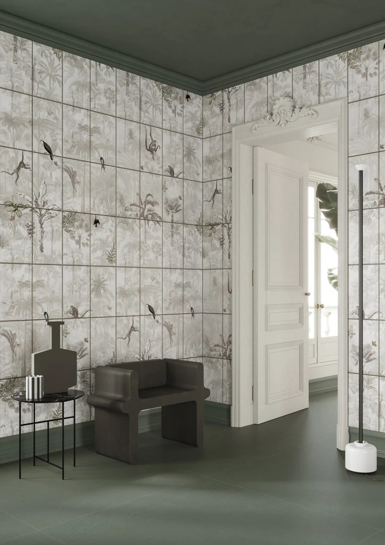Gres Ascot PIGMENTA efekt beton - aranzacja w strefie dziennej z duzymi przeszkleniami
