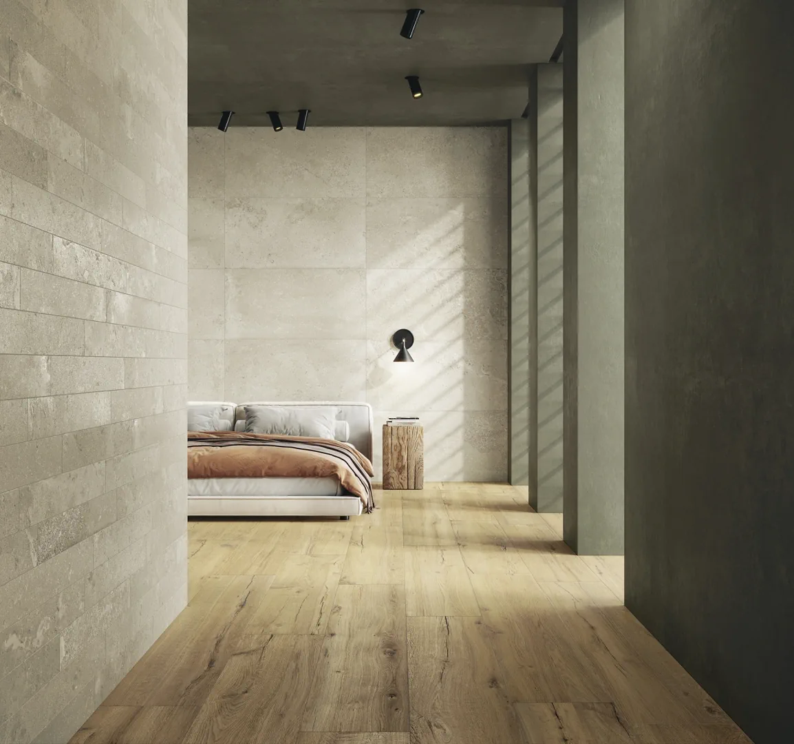Gres Ascot SIGNATURE STONE efekt kamień - aranzacja w strefie dziennej z duzymi przeszkleniami