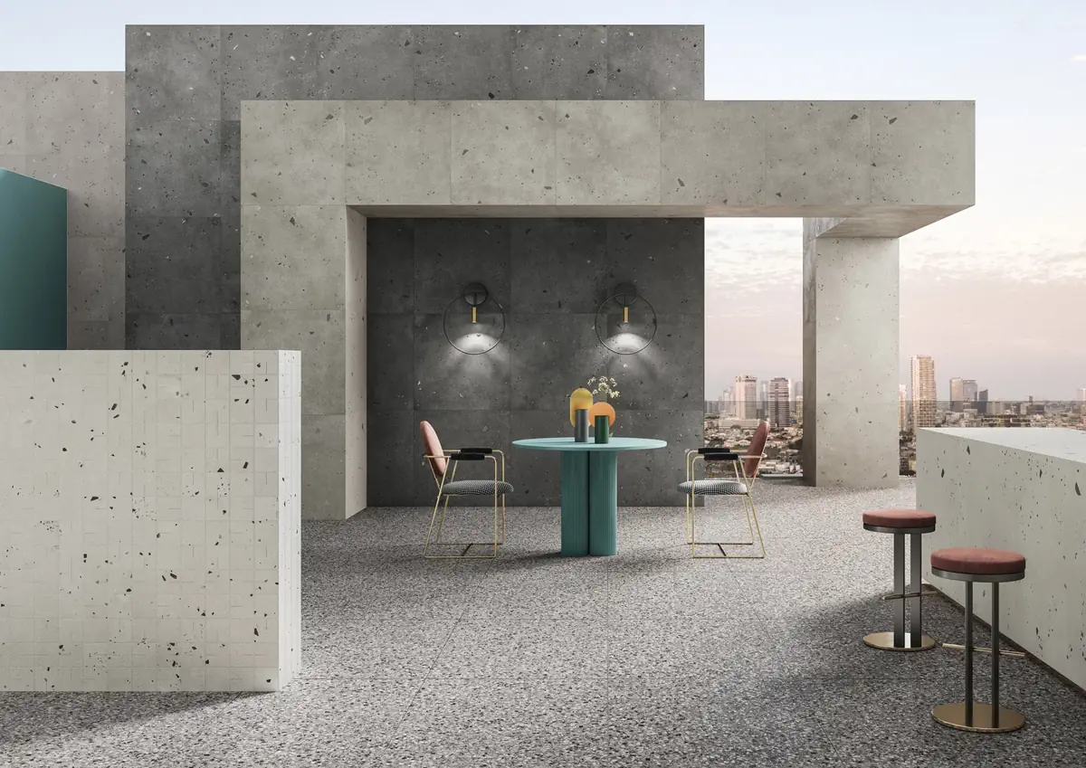 Gres Ascot KADO efekt beton, terrazzo - aranzacja w nowoczesnym salonie