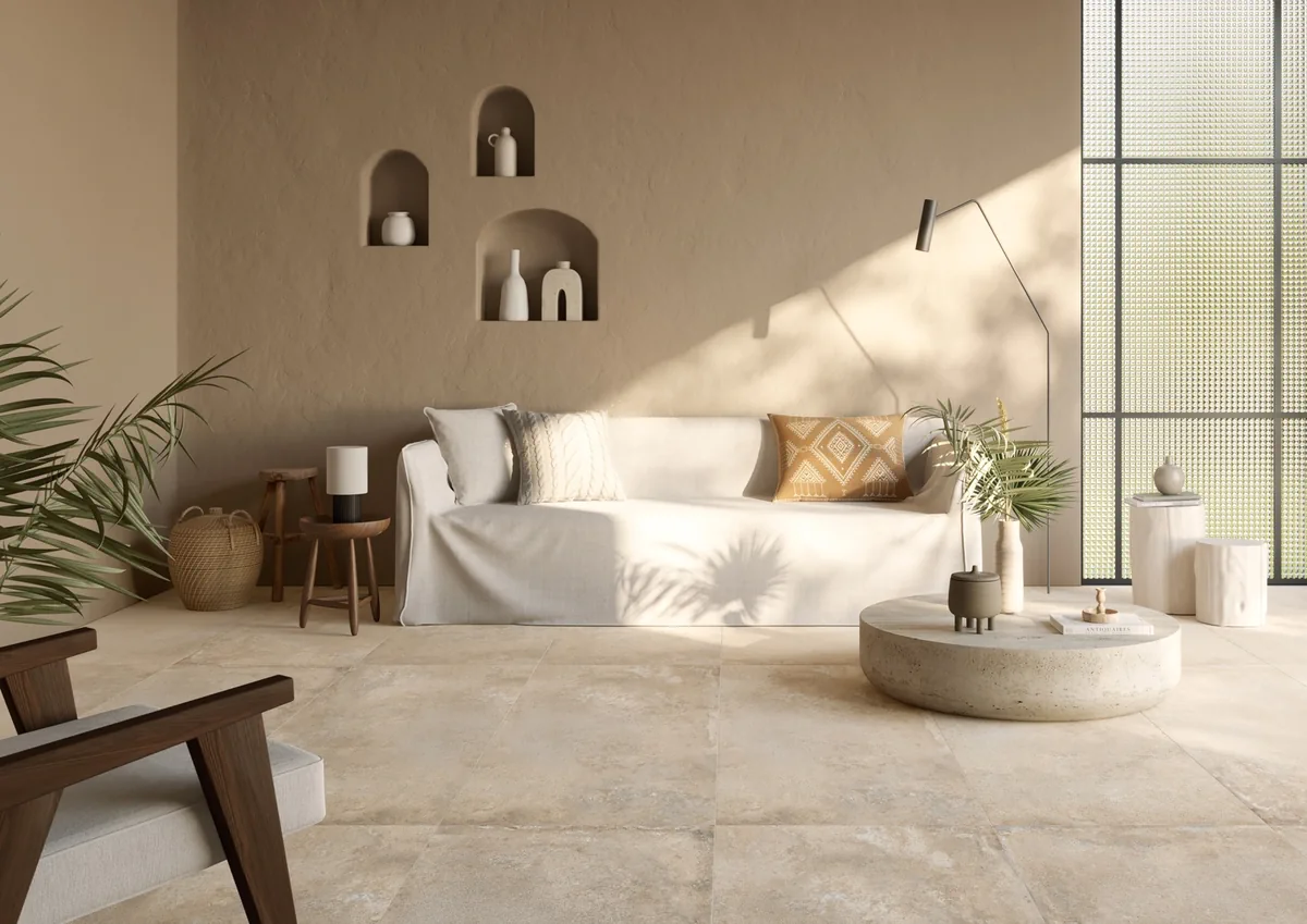 Gres Ascot URBANICA efekt beton - aranzacja w przy kominku