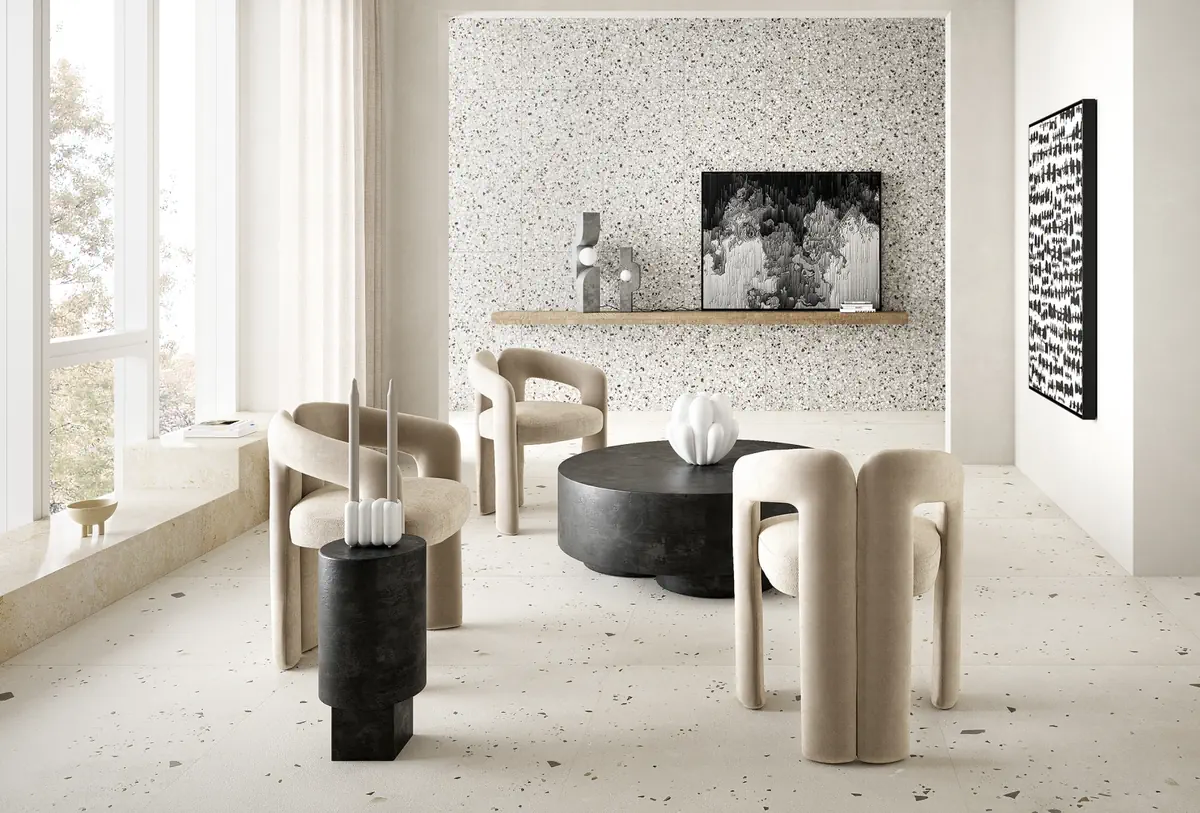 Gres Ascot KADO efekt beton, terrazzo - aranzacja w przy kominku
