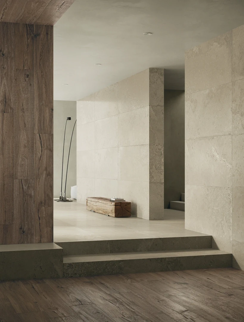 Gres Ascot SIGNATURE WOOD efekt drewno - aranzacja w strefie dziennej z duzymi przeszkleniami