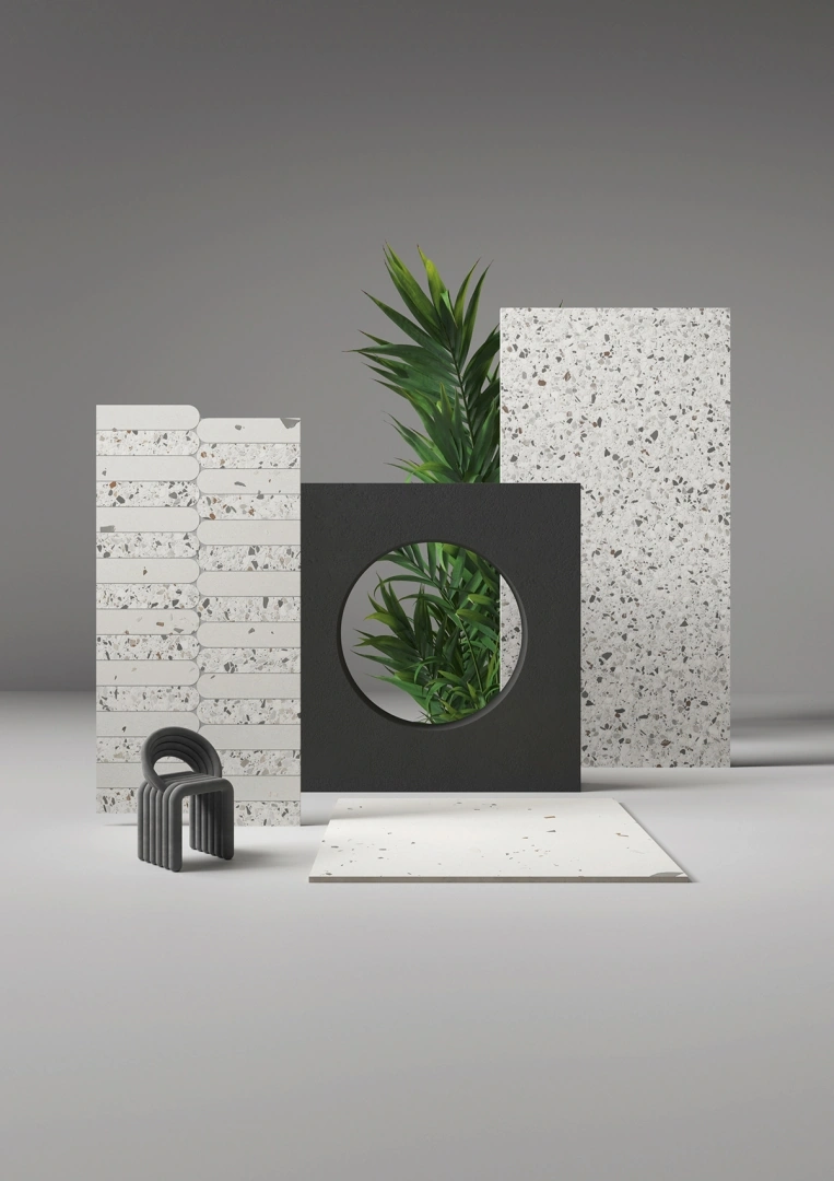 Gres Ascot KADO efekt beton, terrazzo - aranzacja w strefie dziennej z duzymi przeszkleniami