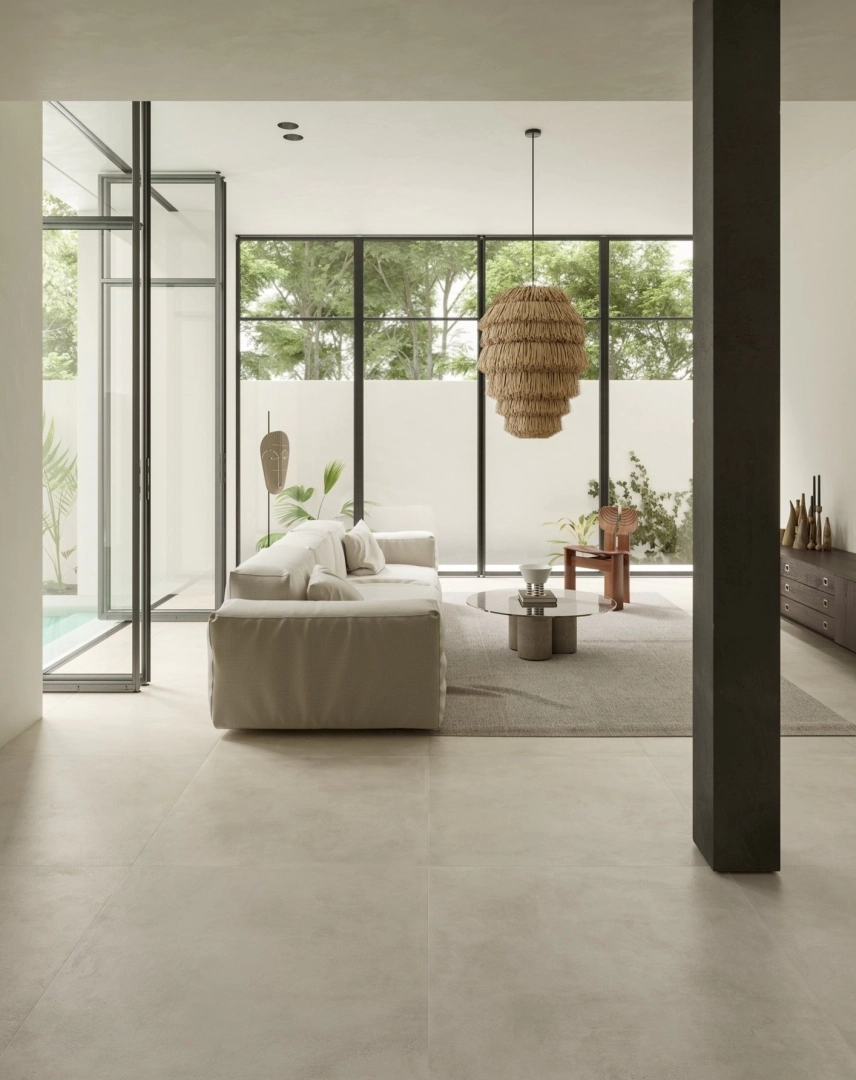 Gres Ascot CITY efekt beton - aranzacja w nowoczesnym salonie