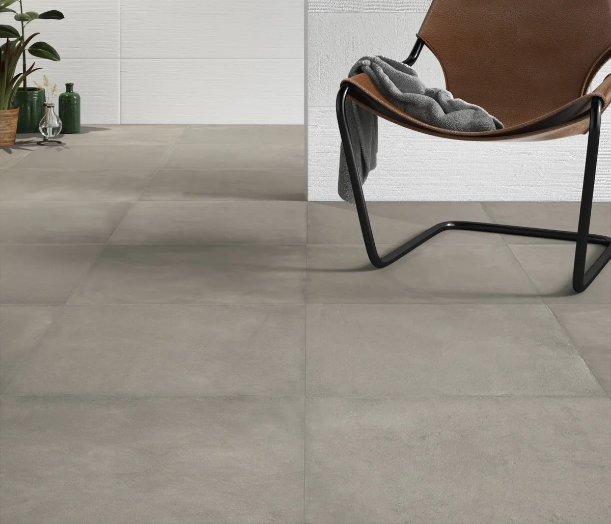 Gres Ascot COMFORT R efekt beton - aranzacja w strefie dziennej z duzymi przeszkleniami