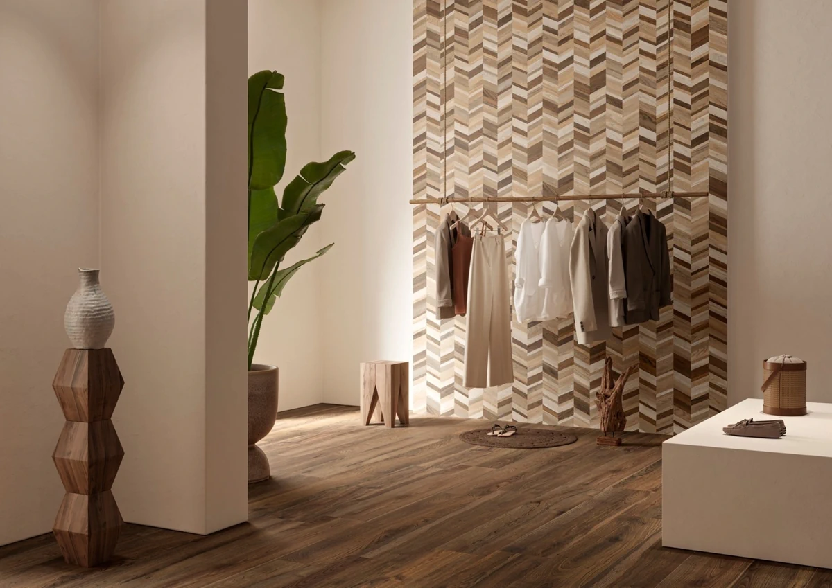 Gres Ascot DEEP WOOD efekt drewno - aranzacja w nowoczesnym salonie