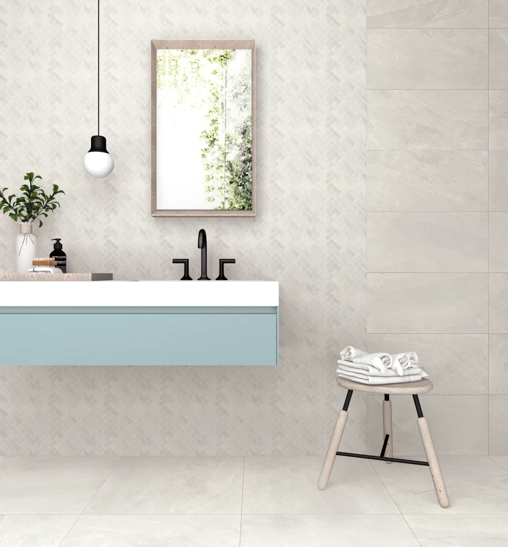 Gres Ascot GENTLE STONE efekt kamień - aranzacja w przy kominku