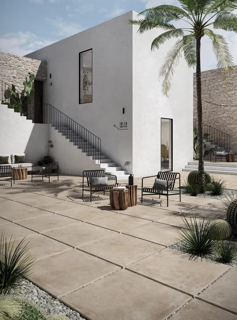 Gres Ascot GARDEN20 efekt kamień, beton - aranzacja w strefie dziennej z duzymi przeszkleniami
