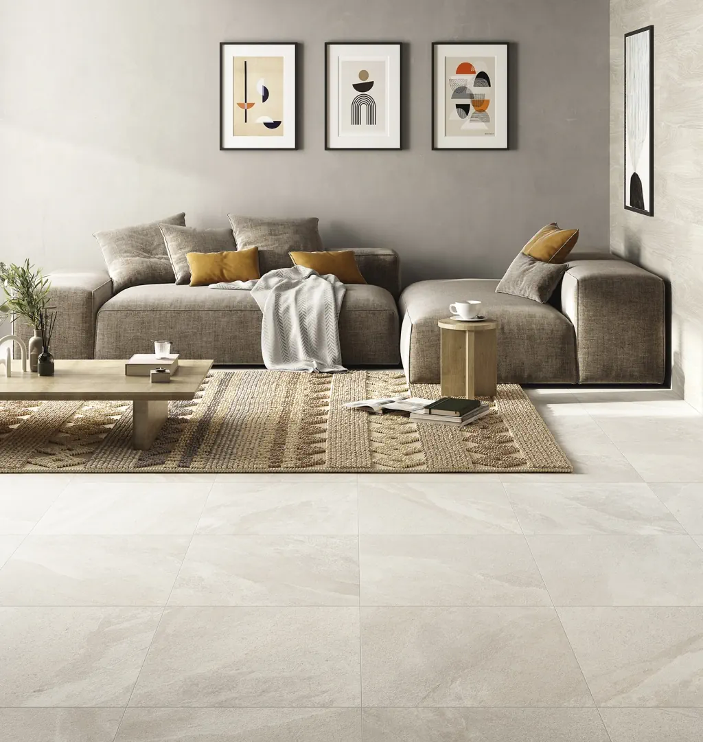 Gres Ascot LIMEQUARTZ efekt kamień - aranzacja w strefie dziennej z duzymi przeszkleniami