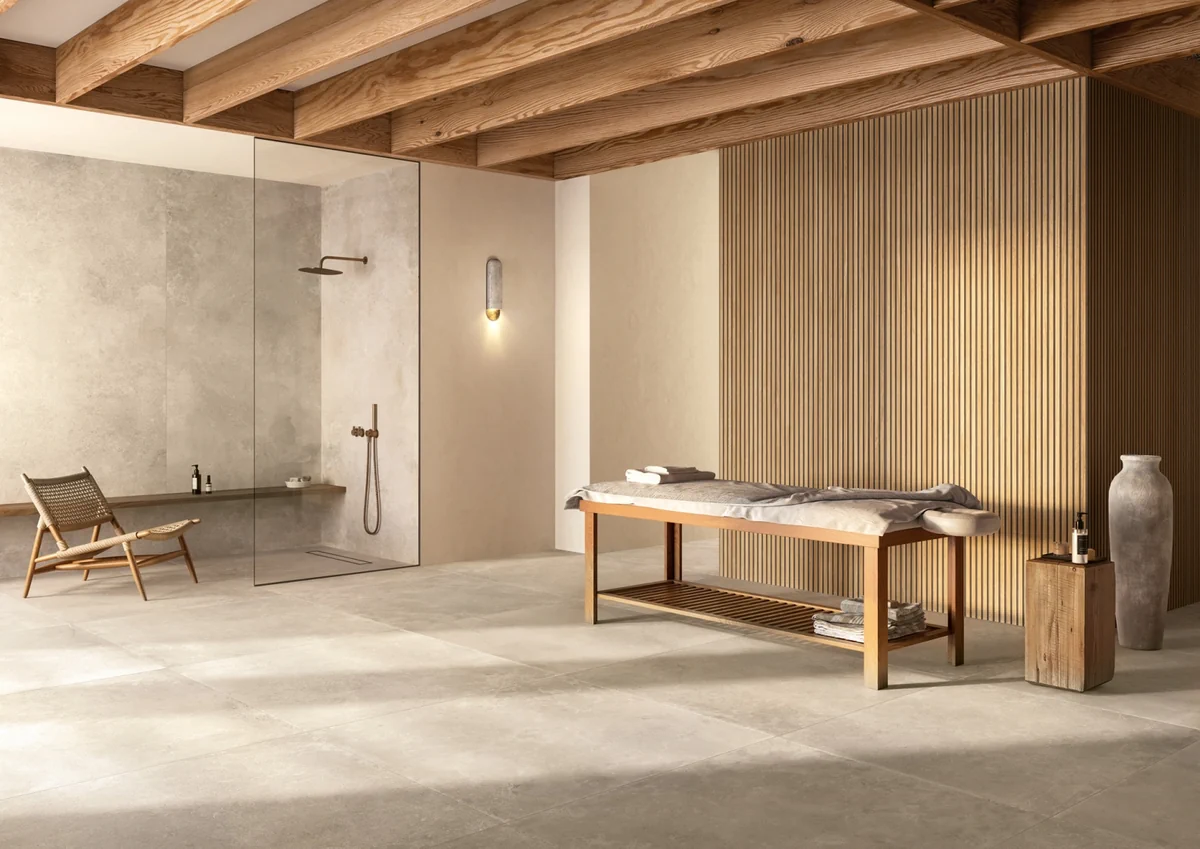 Gres Ascot SLABS efekt marmur, beton - aranzacja w eleganckiej lazience