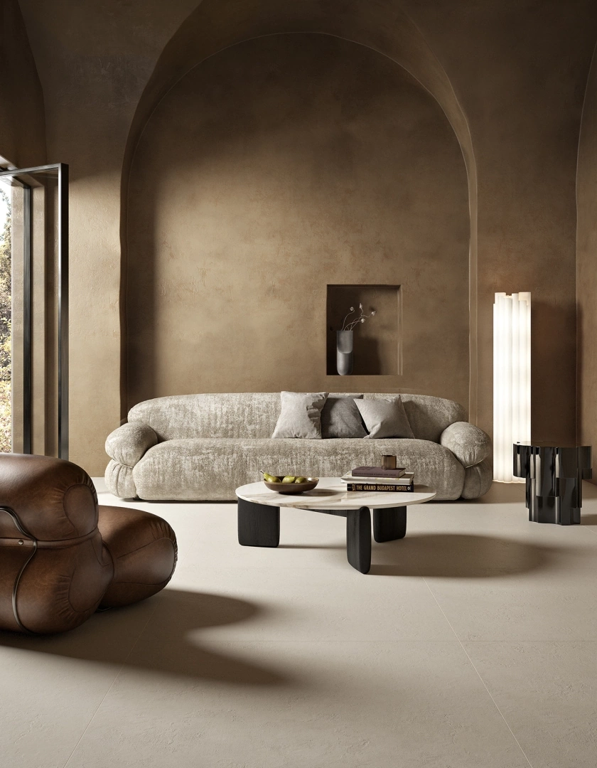 Gres Ascot PIGMENTA efekt beton - aranzacja w przestronnym holu
