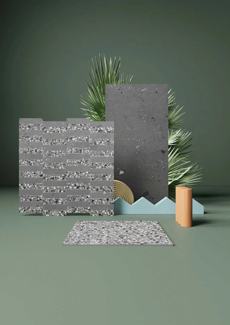 Gres Ascot KADO efekt beton, terrazzo - aranzacja w nowoczesnym salonie