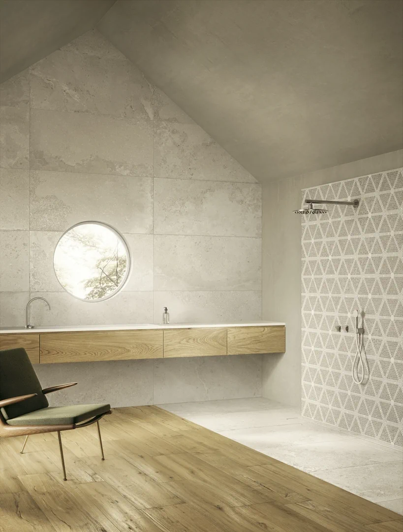 Gres Ascot SIGNATURE STONE efekt kamień - aranzacja w korytarzu z naturalnym swiatlem