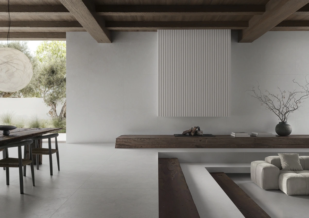 Gres Ascot PIGMENTA efekt beton - aranzacja w przestronnym holu