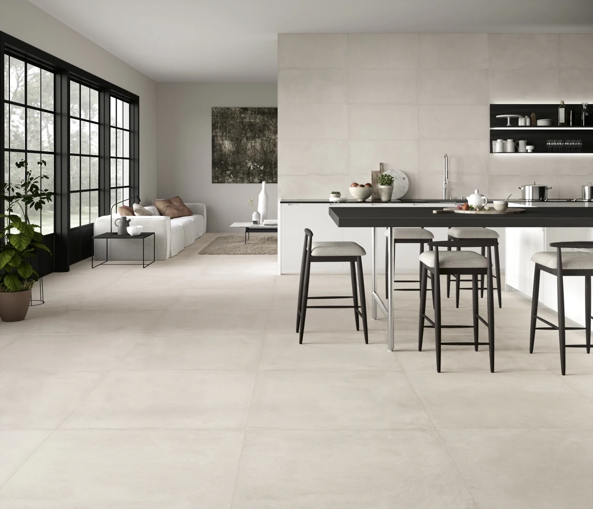 Gres Ascot COMFORT R efekt beton - aranzacja w korytarzu z naturalnym swiatlem