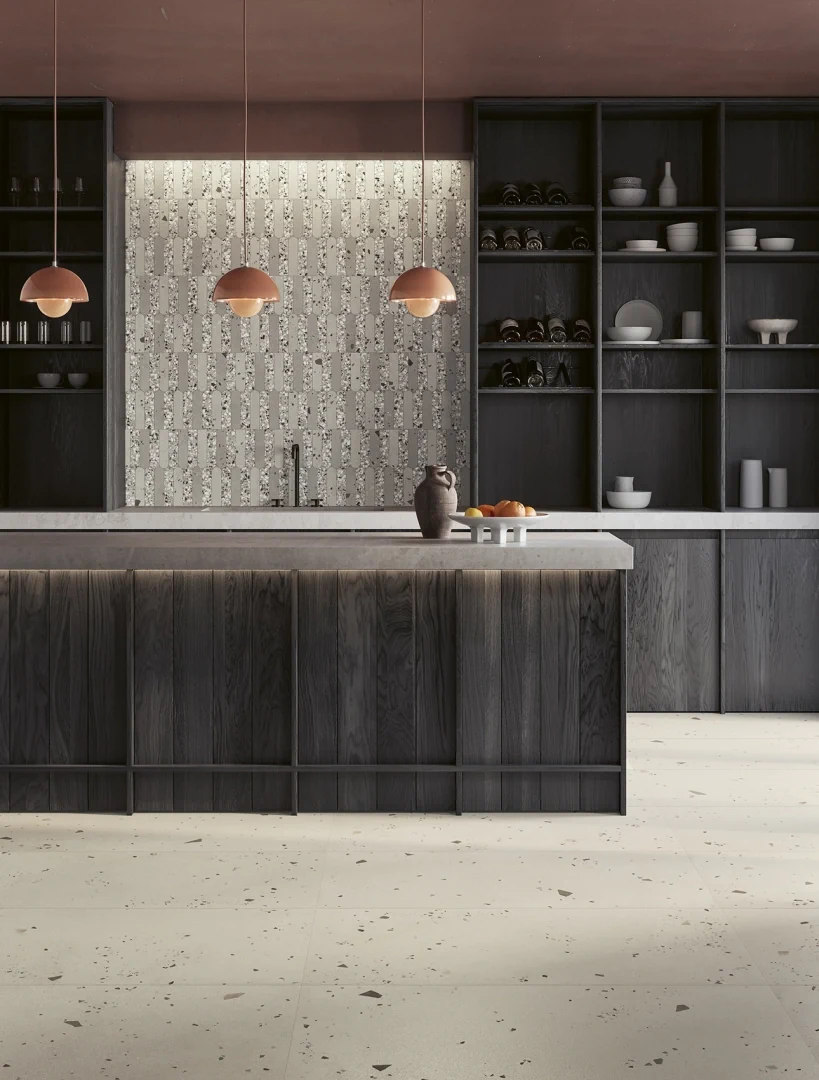 Gres Ascot KADO efekt beton, terrazzo - aranzacja w strefie dziennej z duzymi przeszkleniami