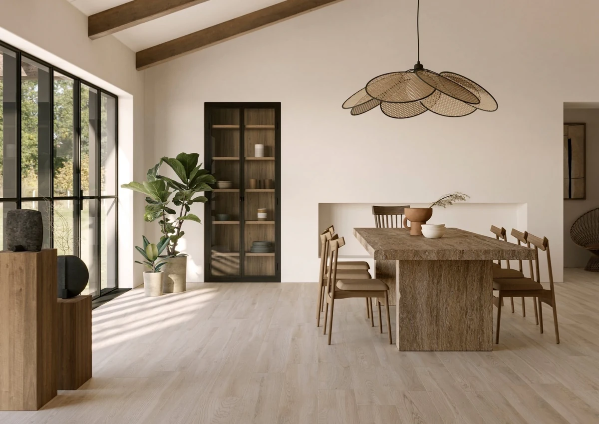 Gres Ascot DEEP WOOD efekt drewno - aranzacja w przestronnym holu