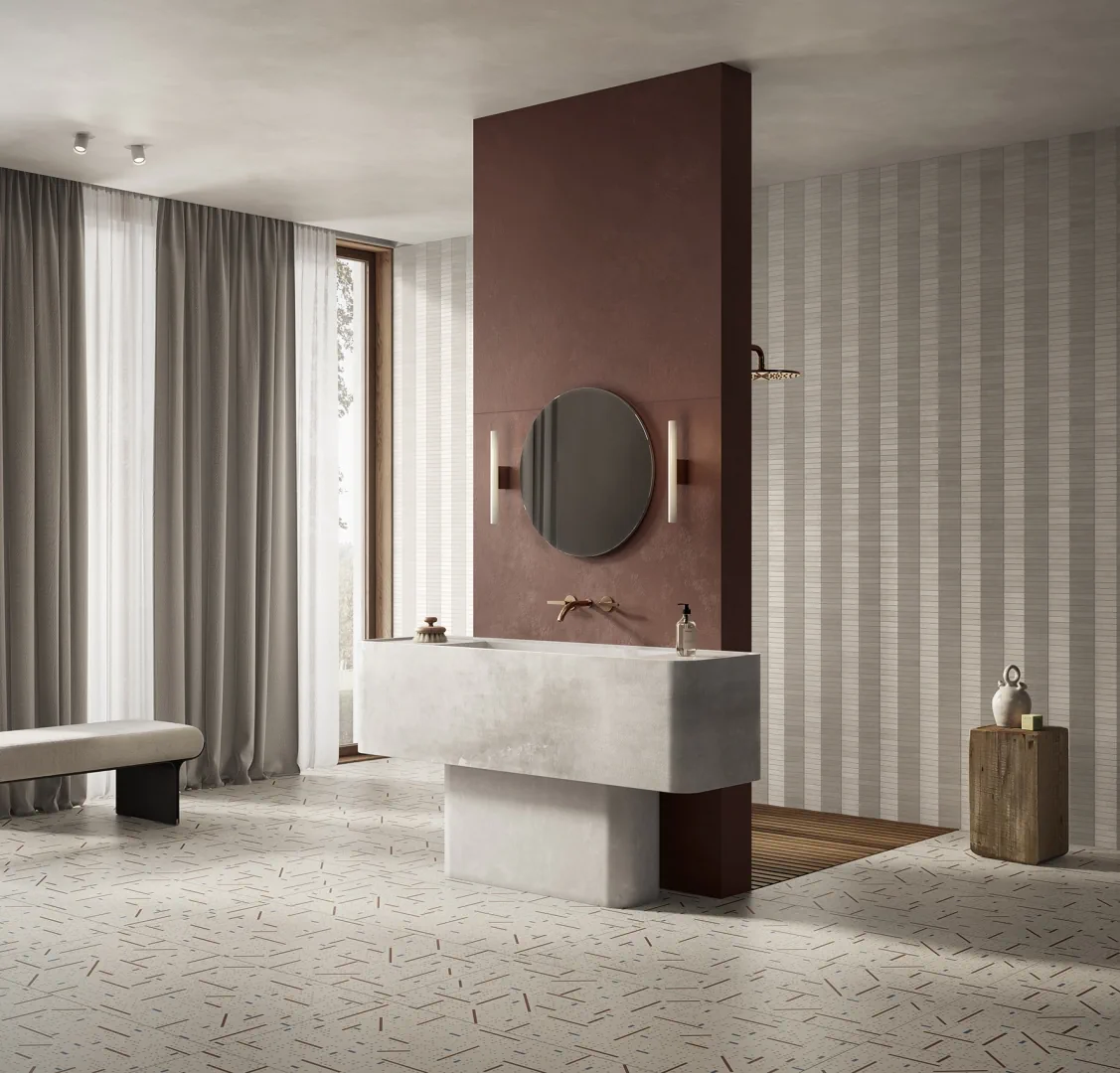 Gres Ascot PIGMENTA efekt beton - aranzacja w korytarzu z naturalnym swiatlem