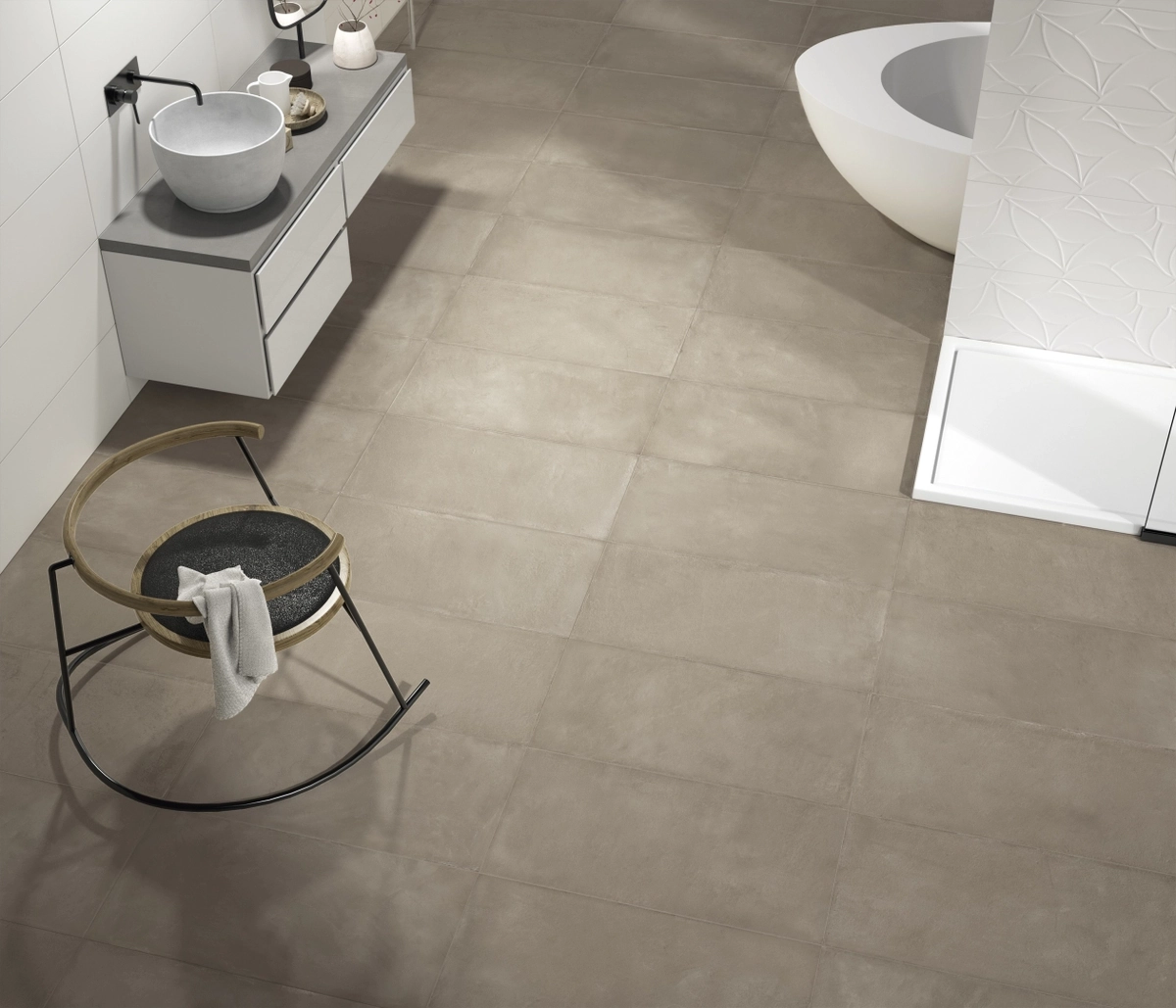 Gres Ascot COMFORT R efekt beton - aranzacja w przestronnym holu