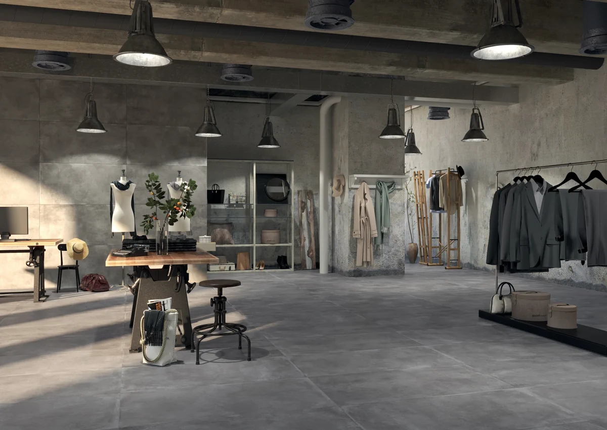 Gres Ascot CITY efekt beton - aranzacja w przestronnym holu