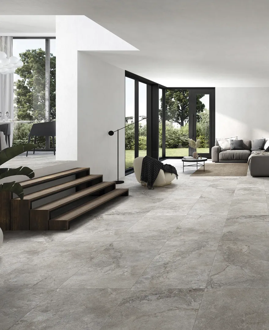 Gres Ascot STONE VALLEY efekt kamień - aranzacja w strefie dziennej z duzymi przeszkleniami