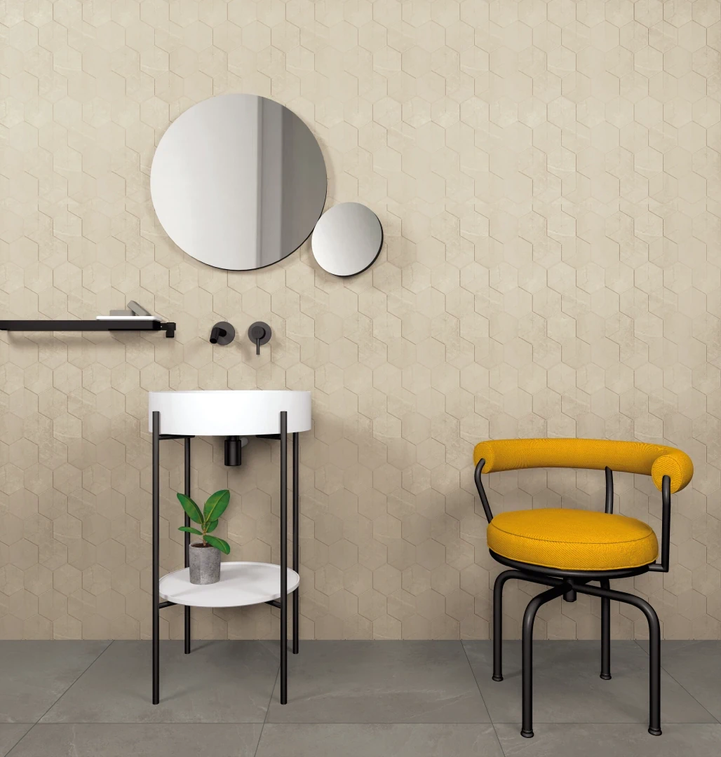 Gres Ascot GENTLE STONE efekt kamień - aranzacja w minimalistycznym wnetrzu
