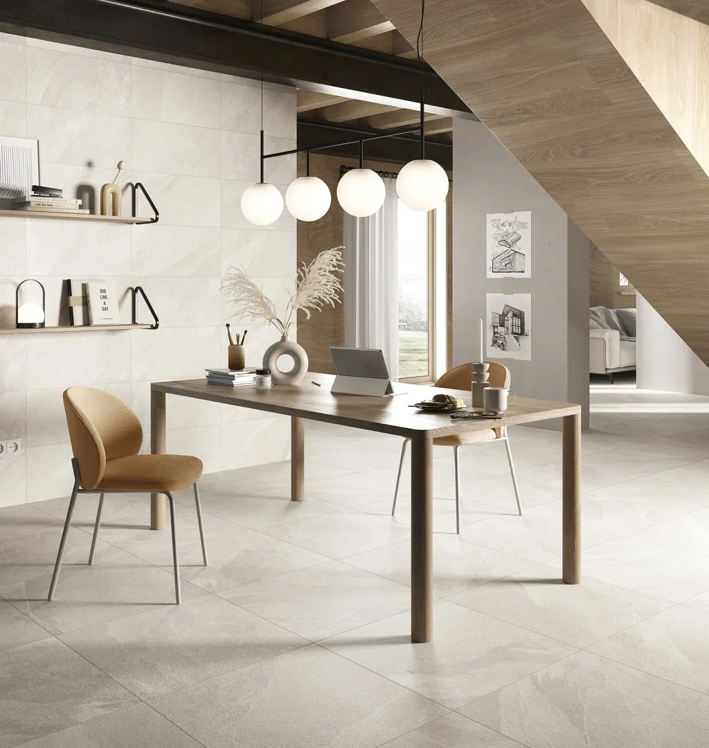 Gres Ascot LIMEQUARTZ efekt kamień - aranzacja w minimalistycznym wnetrzu