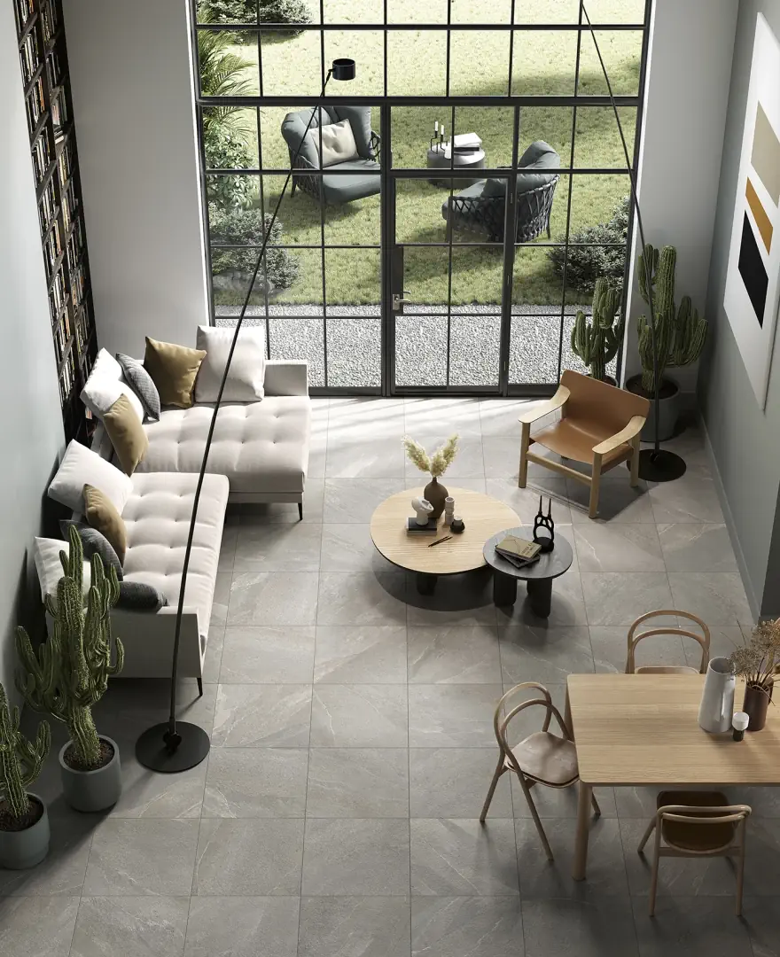 Gres Ascot LIMEQUARTZ efekt kamień - aranzacja w przy kominku