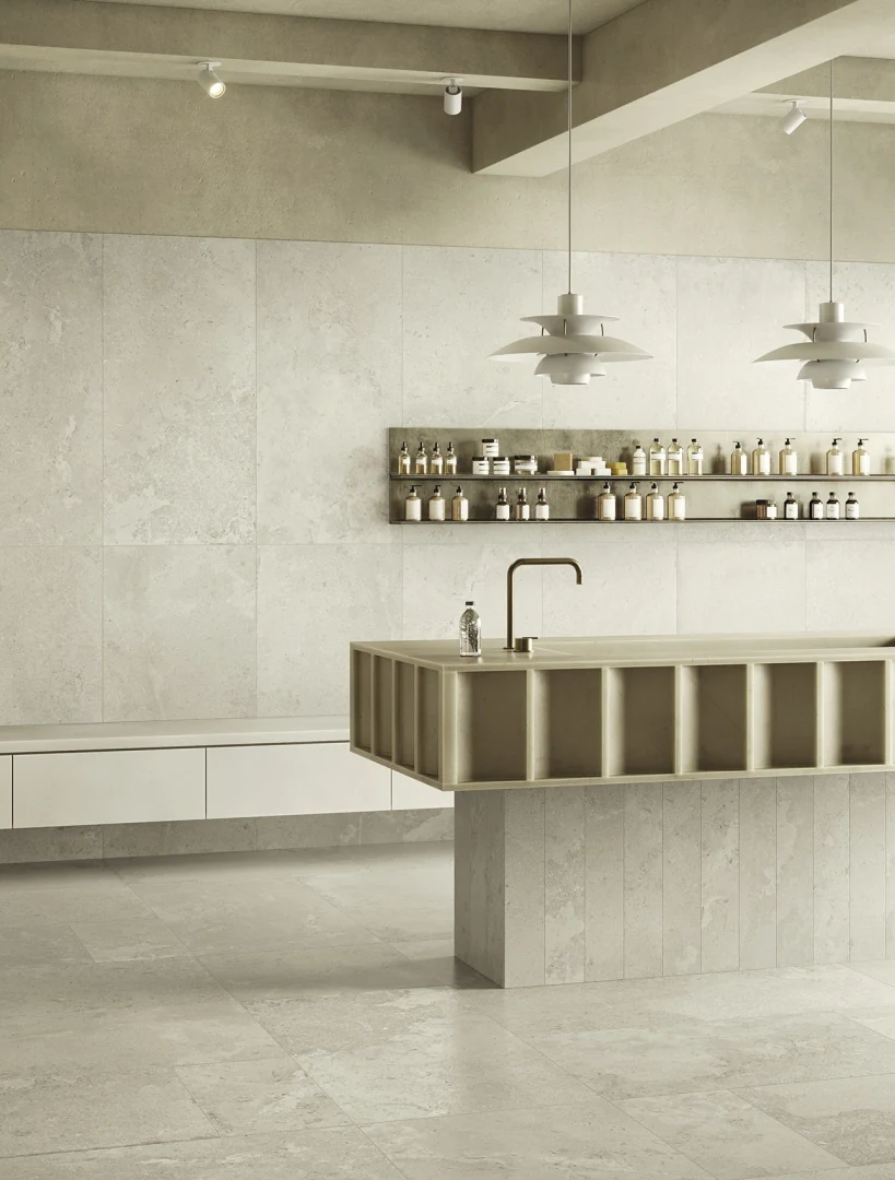 Gres Ascot SIGNATURE STONE efekt kamień - aranzacja w minimalistycznym wnetrzu
