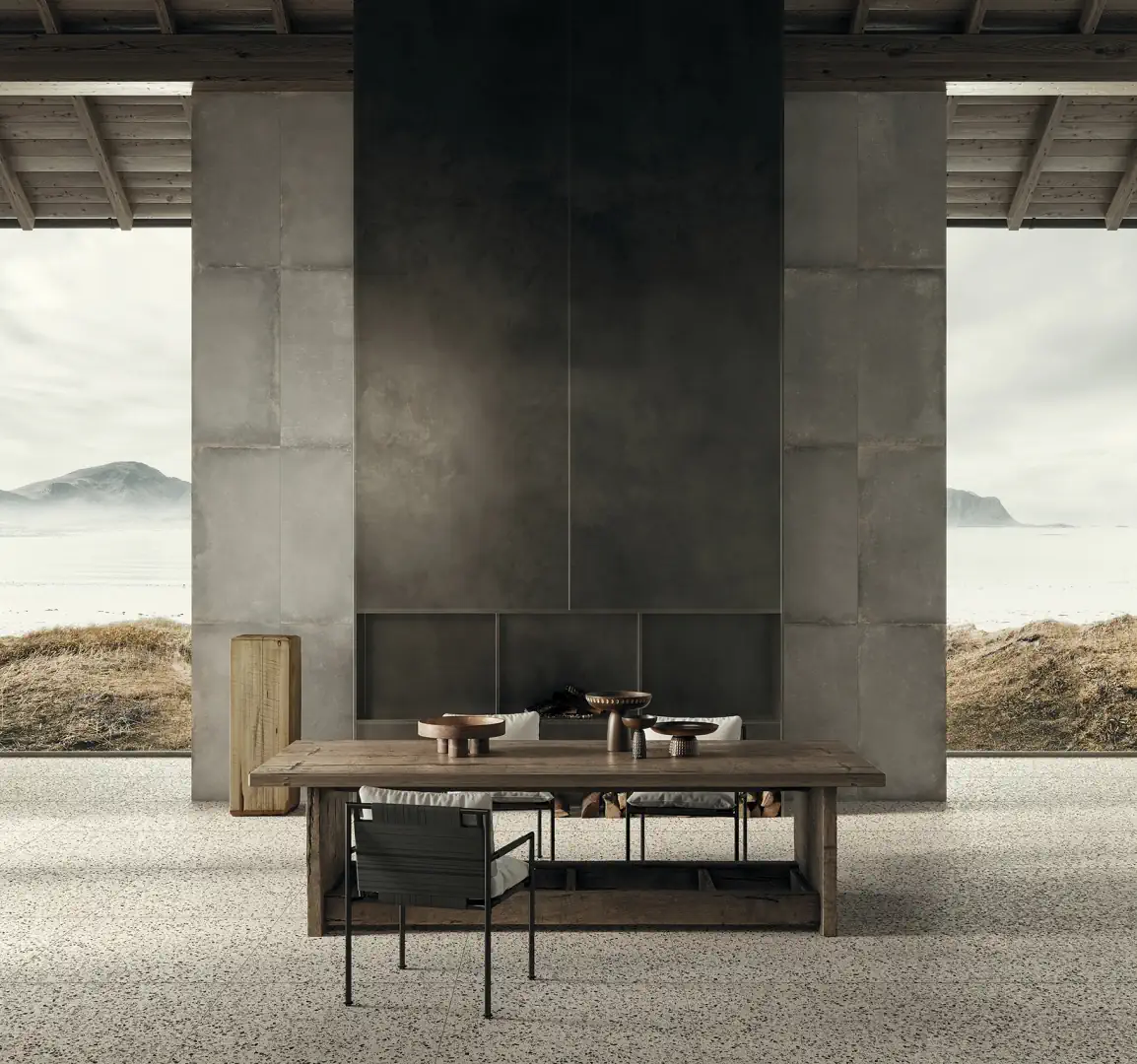 Gres Ascot KADO efekt beton, terrazzo - aranzacja w przestronnym holu