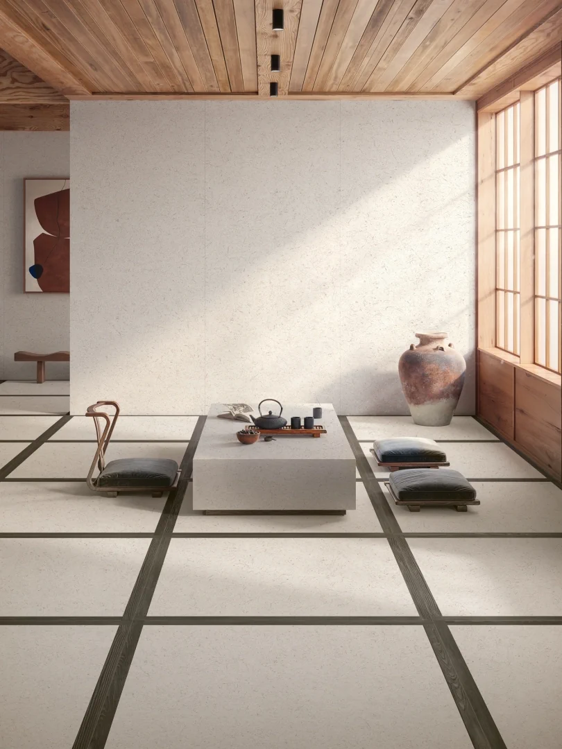 Gres Ascot SLABS efekt marmur, beton - aranzacja w strefie dziennej z duzymi przeszkleniami
