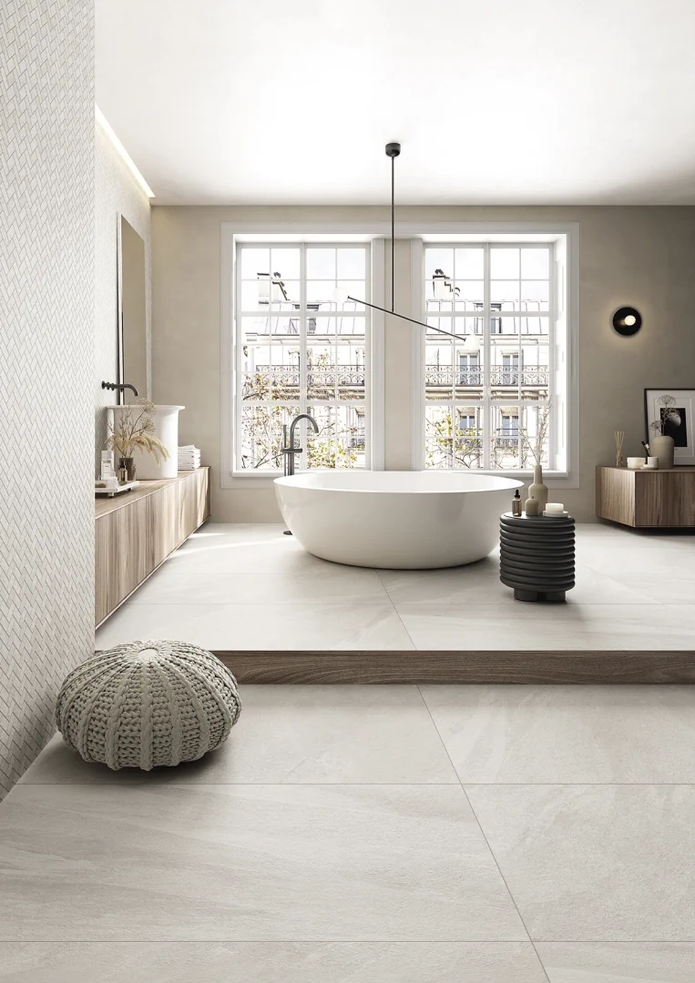 Gres Ascot LIMEQUARTZ efekt kamień - aranzacja w minimalistycznym wnetrzu