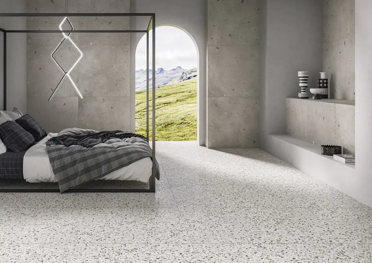 Gres Ascot KADO efekt beton, terrazzo - aranzacja w korytarzu z naturalnym swiatlem