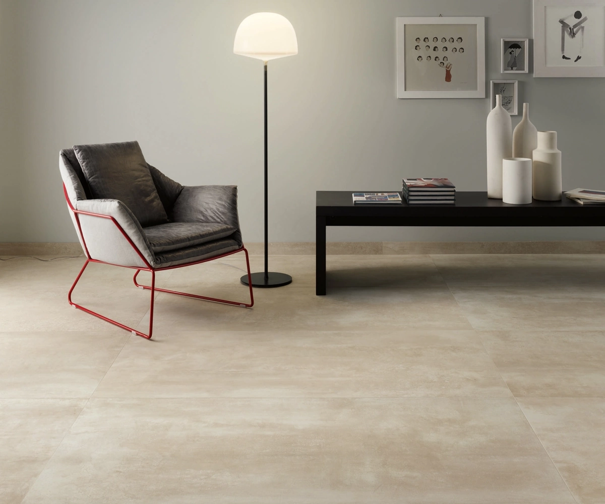 Gres Ascot PROWALK efekt beton - aranzacja w nowoczesnym salonie