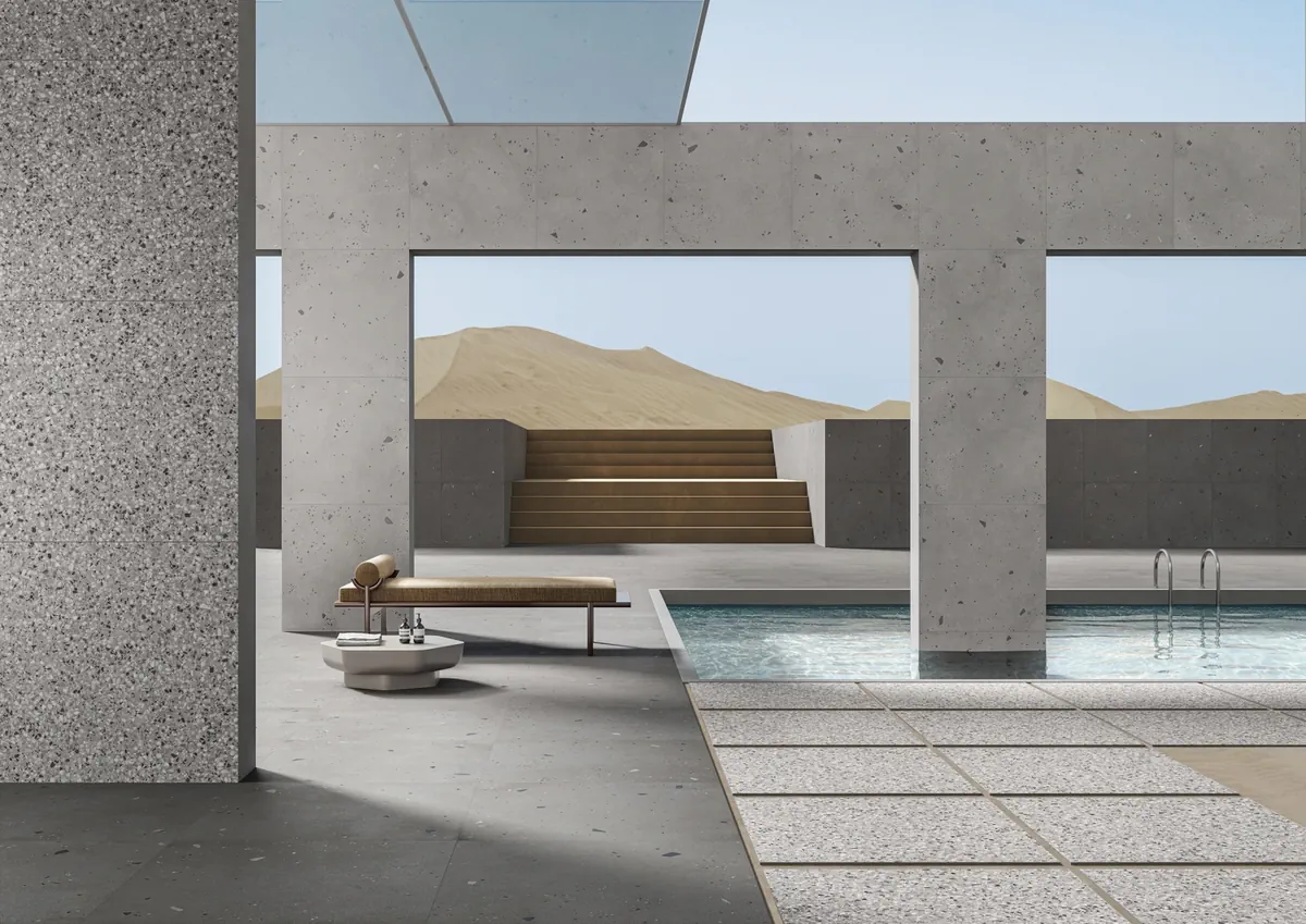 Gres Ascot KADO efekt beton, terrazzo - aranzacja w minimalistycznym wnetrzu
