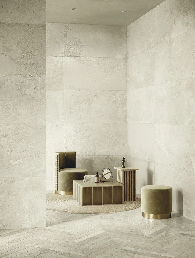Gres Ascot SIGNATURE STONE efekt kamień - aranzacja w przy kominku