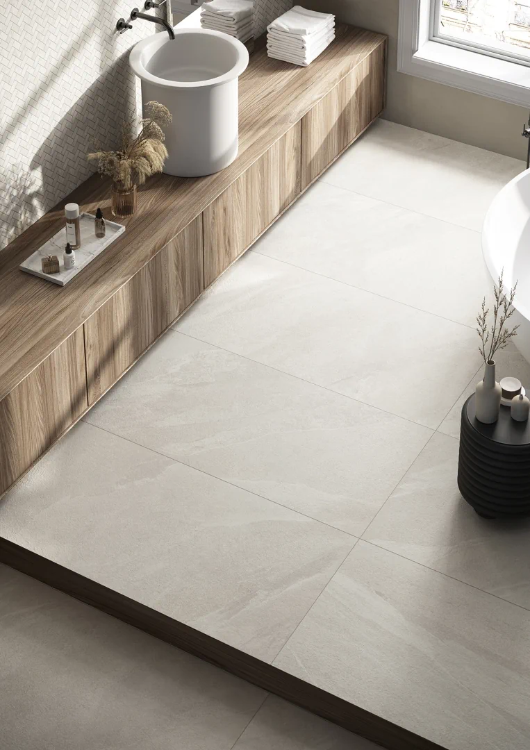 Gres Ascot LIMEQUARTZ efekt kamień - aranzacja w nowoczesnym salonie