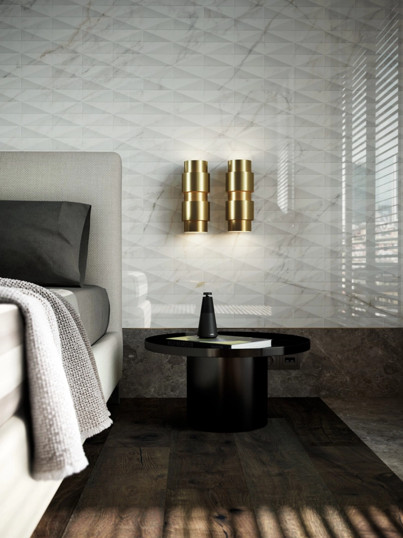 Marazzi Allmarble Wall – gres imitujący marmur w jasnym, przestronnym salonie
