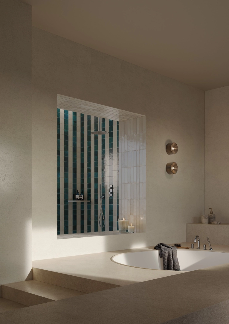 Wielkoformatowy gres Marazzi Grande Concrete Look efekt beton w eleganckiej strefie dziennej