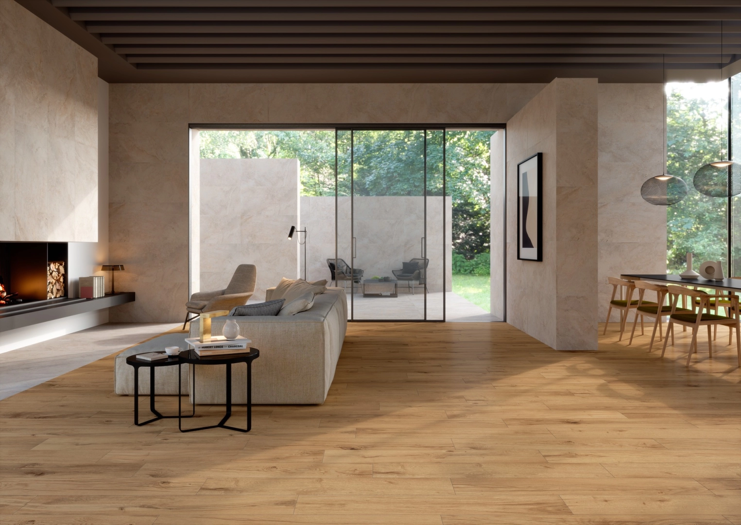 Marazzi Alba gres o efekcie drewna i kamienia w eleganckim wnętrzu z kominkiem