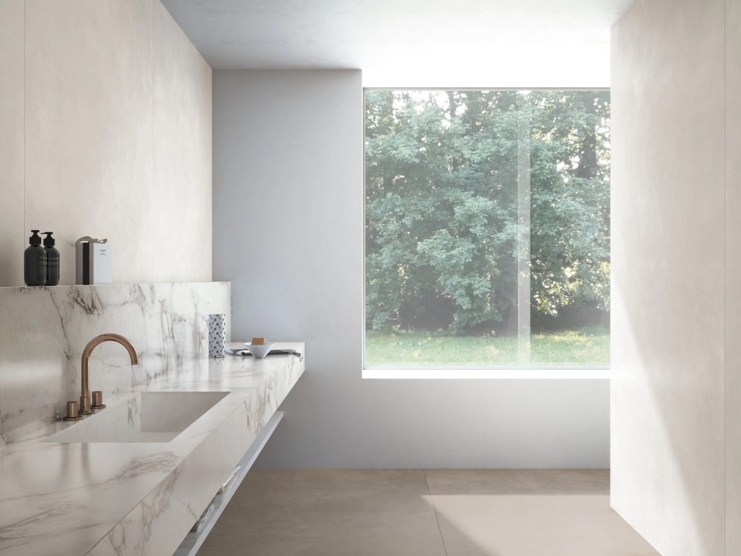Gres porcelanowy Marazzi Grande Concrete Look beton w minimalistycznym wnętrzu